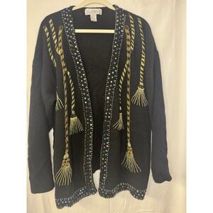 Vintage 1980s Jon Lawrence Beaded  Tassel Angora Wool Black Statement Cardigan M